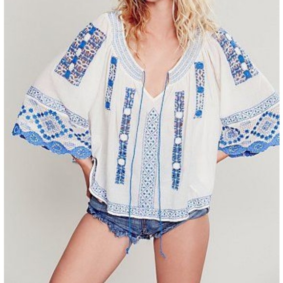 blue and white peasant top